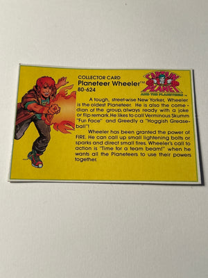 The Planeteer Wheeler (Fire Power) collector card #80-624 was released in 1991 by Tiger Toys (North America) and Kenner (Europe) as part of the vintage Captain Planet and the Planeteers toy line.