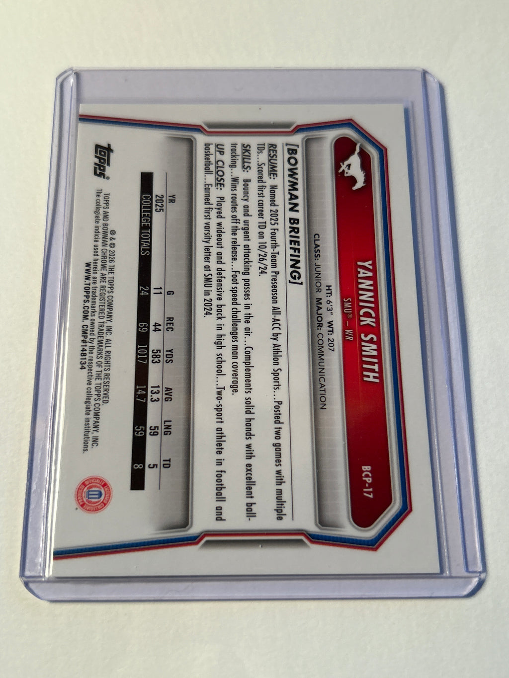 Bowman U Chrome Yannick Smith 1st Bowman Green Shimmer Refractor 83/99 SMU Mustangs WR
