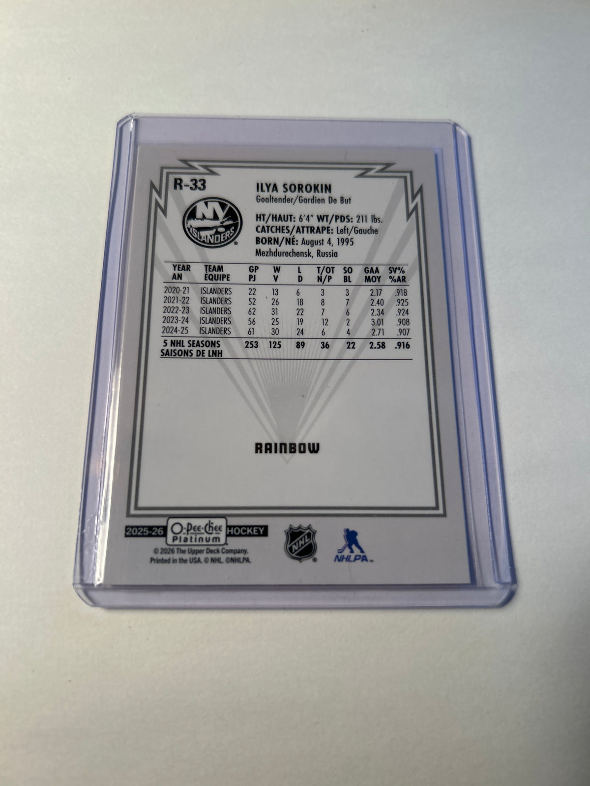 2025-26 O-Pee-Chee Platinum Retro #R-33 Ilya Sorokin Rainbow New York Islanders Goalie