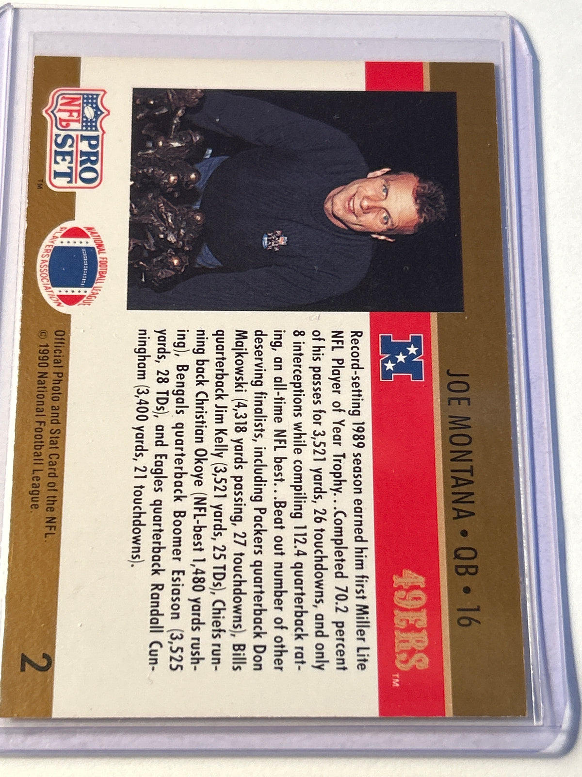 1990 Pro Set #2 Joe Montana ERROR Jim Kelly 3,521 Yards 1989 NFL Player of the Year 49ers HOF