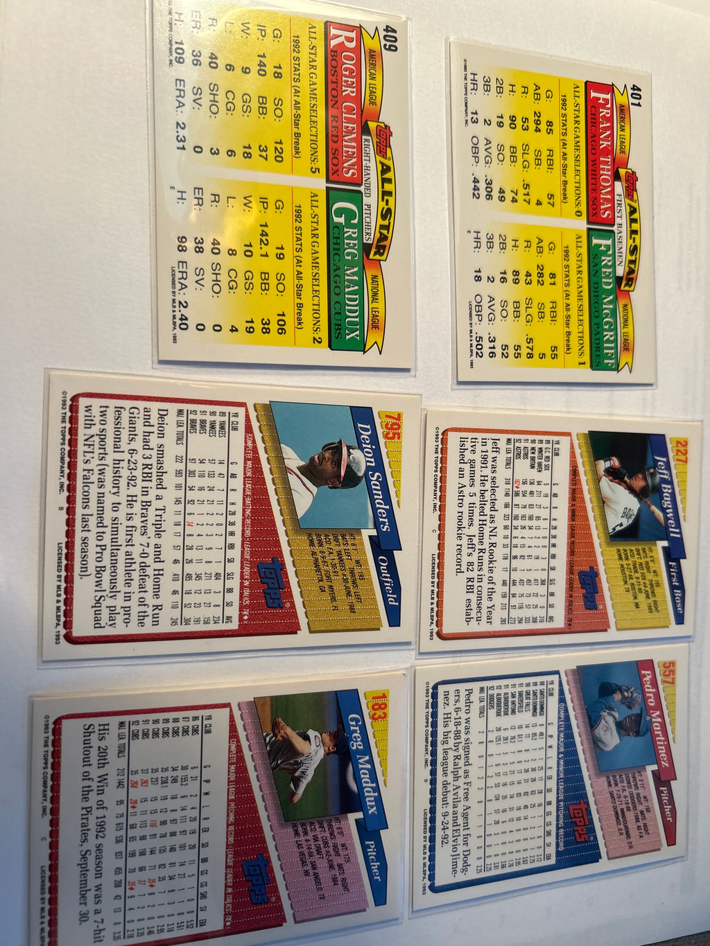 1993 Topps Baseball 6 Card Hall of Fame Lot Greg Maddux Pedro Martinez Frank Thomas Jeff Bagwell Deion Sanders