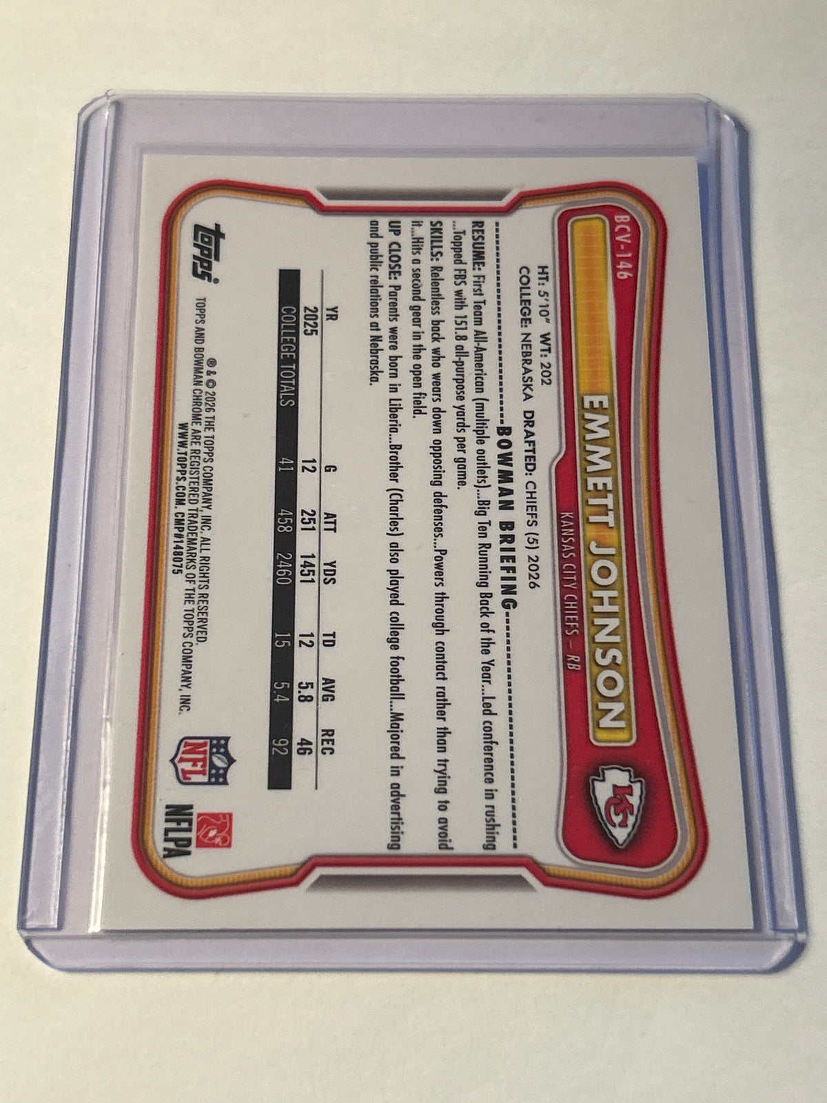 2026 Bowman Chrome #BCV-146 Emmett Johnson Speckle Refractor (RC) Kansas City Chiefs RB
