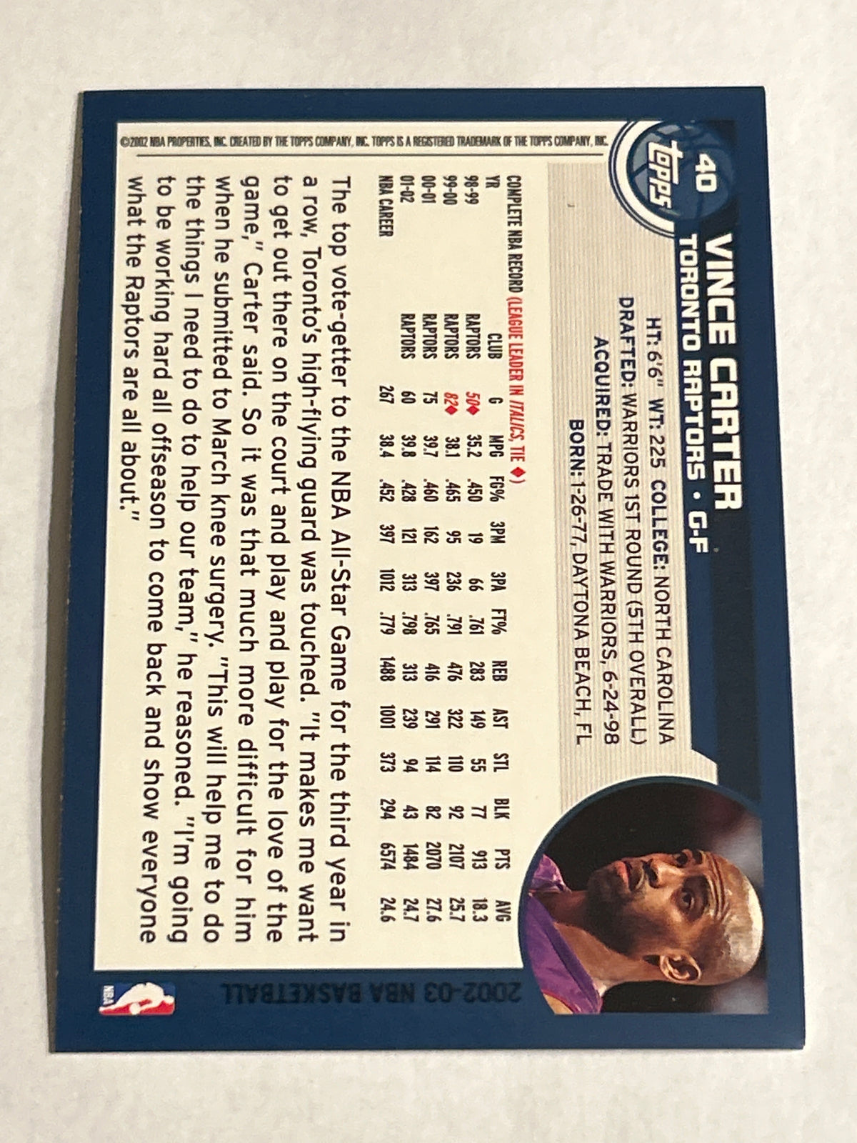 2002-2003 Topps Vince Carter #40