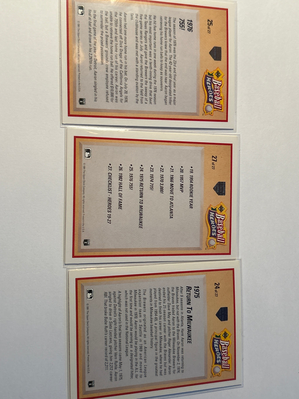 Hank Aaron 3 Card Lot 1991 Upper Deck Baseball Heroes Header Card 1975 Return to Milwaukee 1976 755 HOF