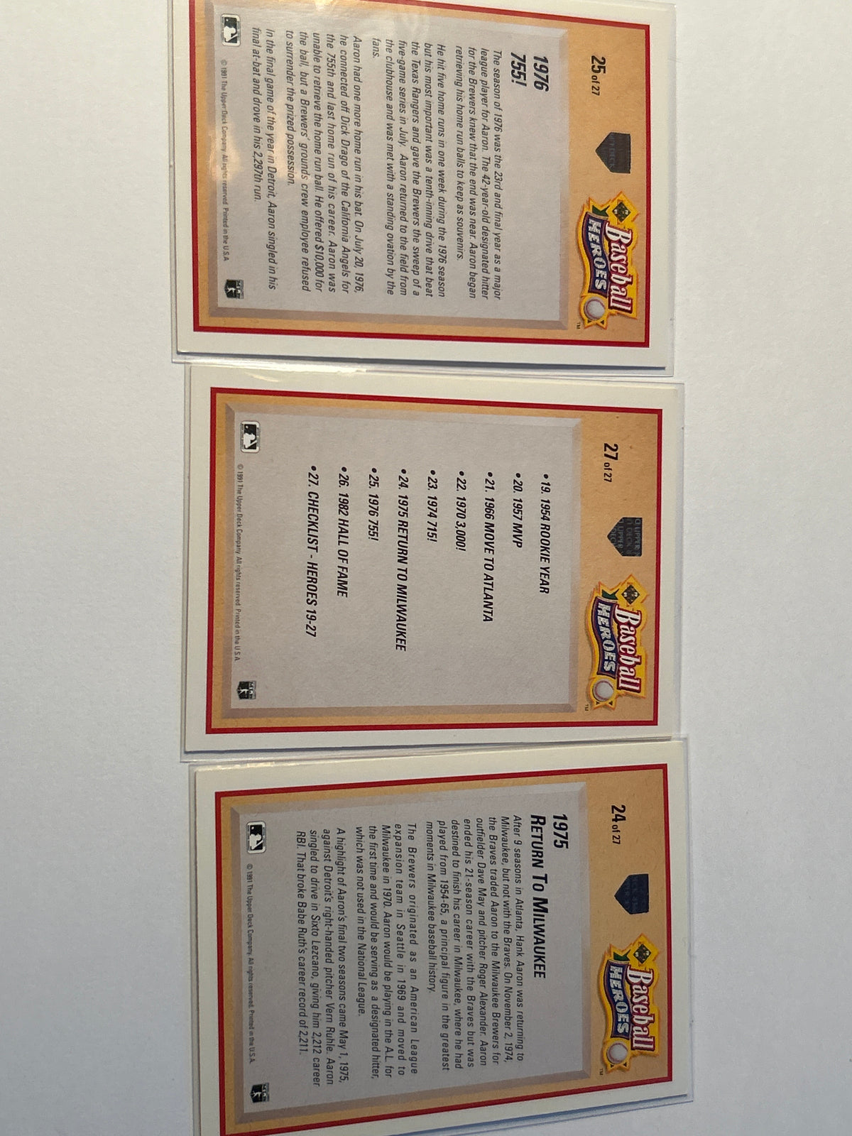 Hank Aaron 3 Card Lot 1991 Upper Deck Baseball Heroes Header Card 1975 Return to Milwaukee 1976 755 HOF
