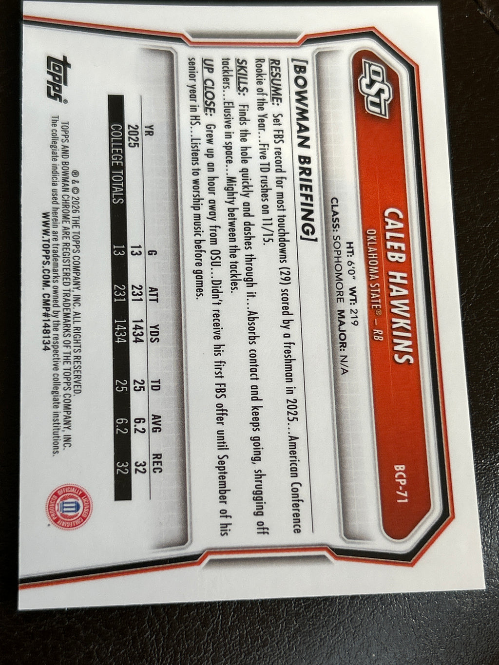 Bowman U Chrome Caleb Hawkins 1st Bowman Green Refractor 227/399 Oklahoma State Cowboys RB