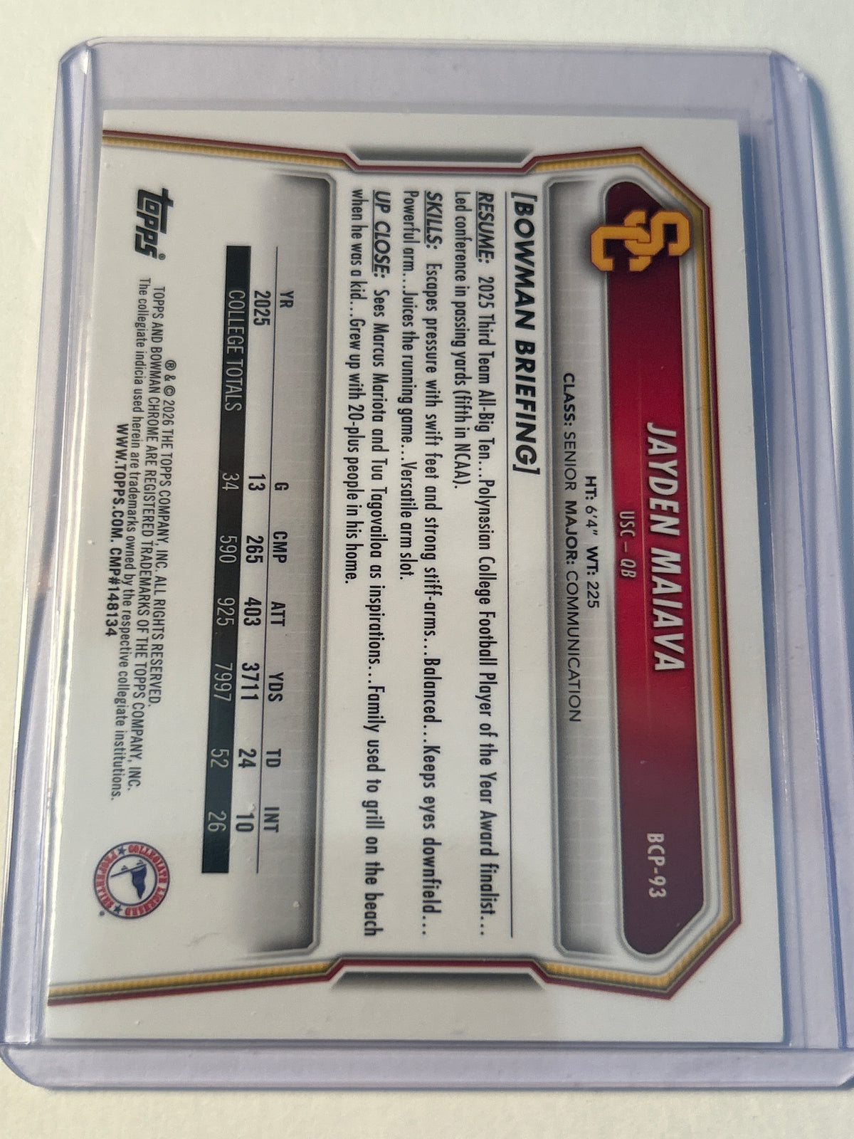 2026 Bowman Chrome U Jayden Maiava Aqua Refractor 122/199 #BCP 93 USC Trojans QB