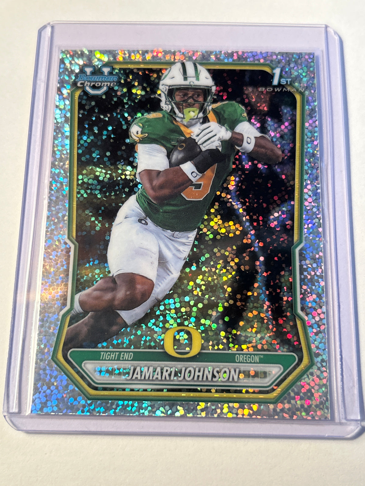 2026 Bowman Chrome U Jamari Johnson 1st Bowman Speckle Refractor Oregon Ducks TE