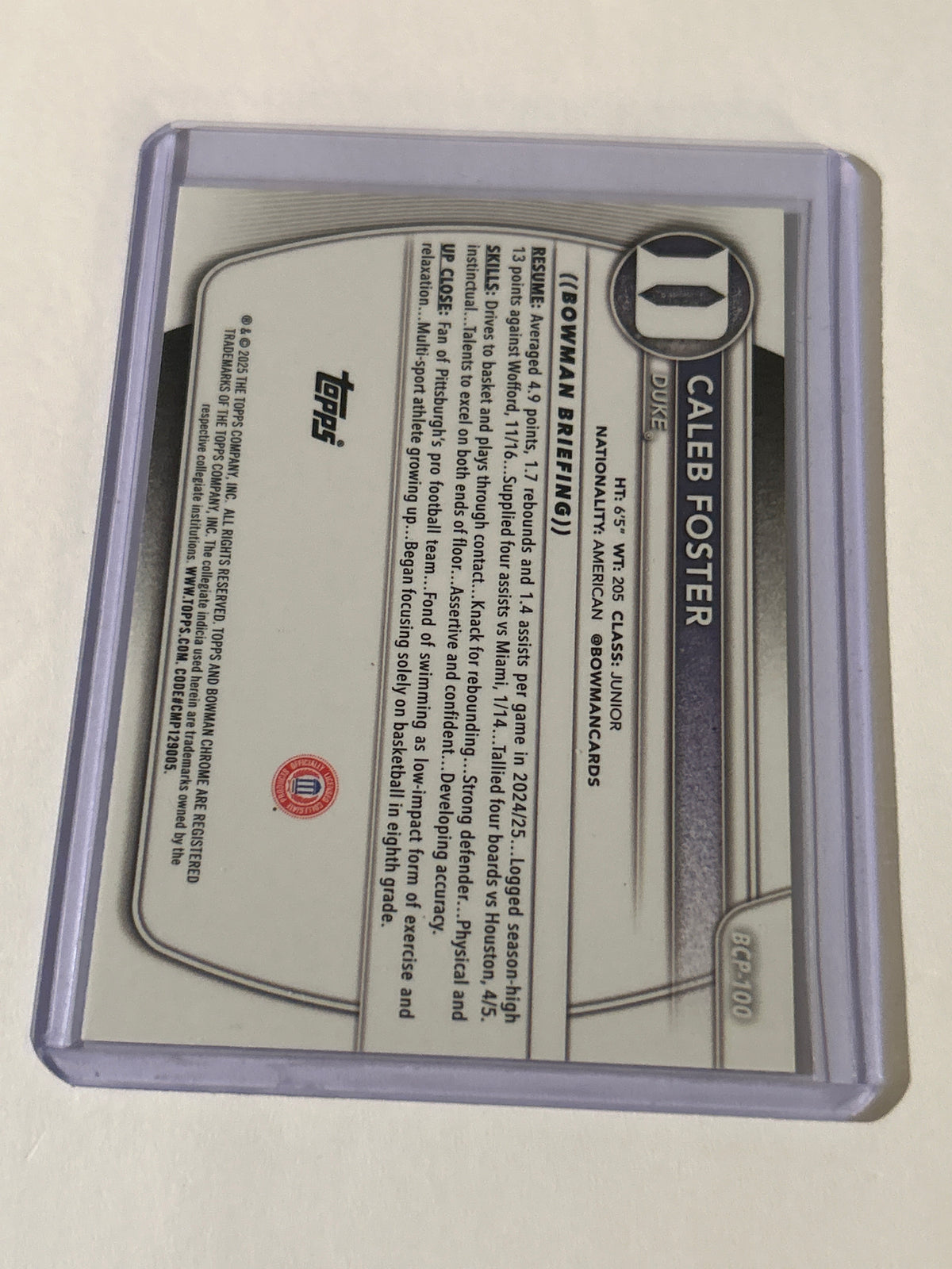 2025-26 Bowman - Prospects Caleb Foster #BPP-100 (RC)