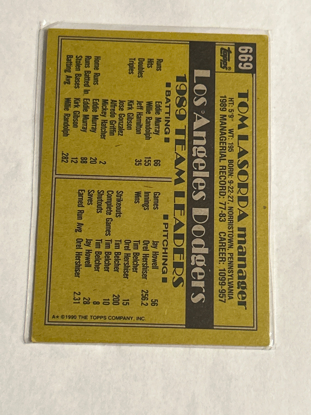 1990 Topps #669 - Tom Lasorda - Los Angeles Dodgers - #669