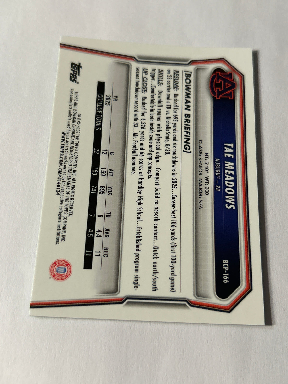 Bowman U Chrome Tae Meadows 1st Bowman Green Refractor 76/99 Auburn Tigers