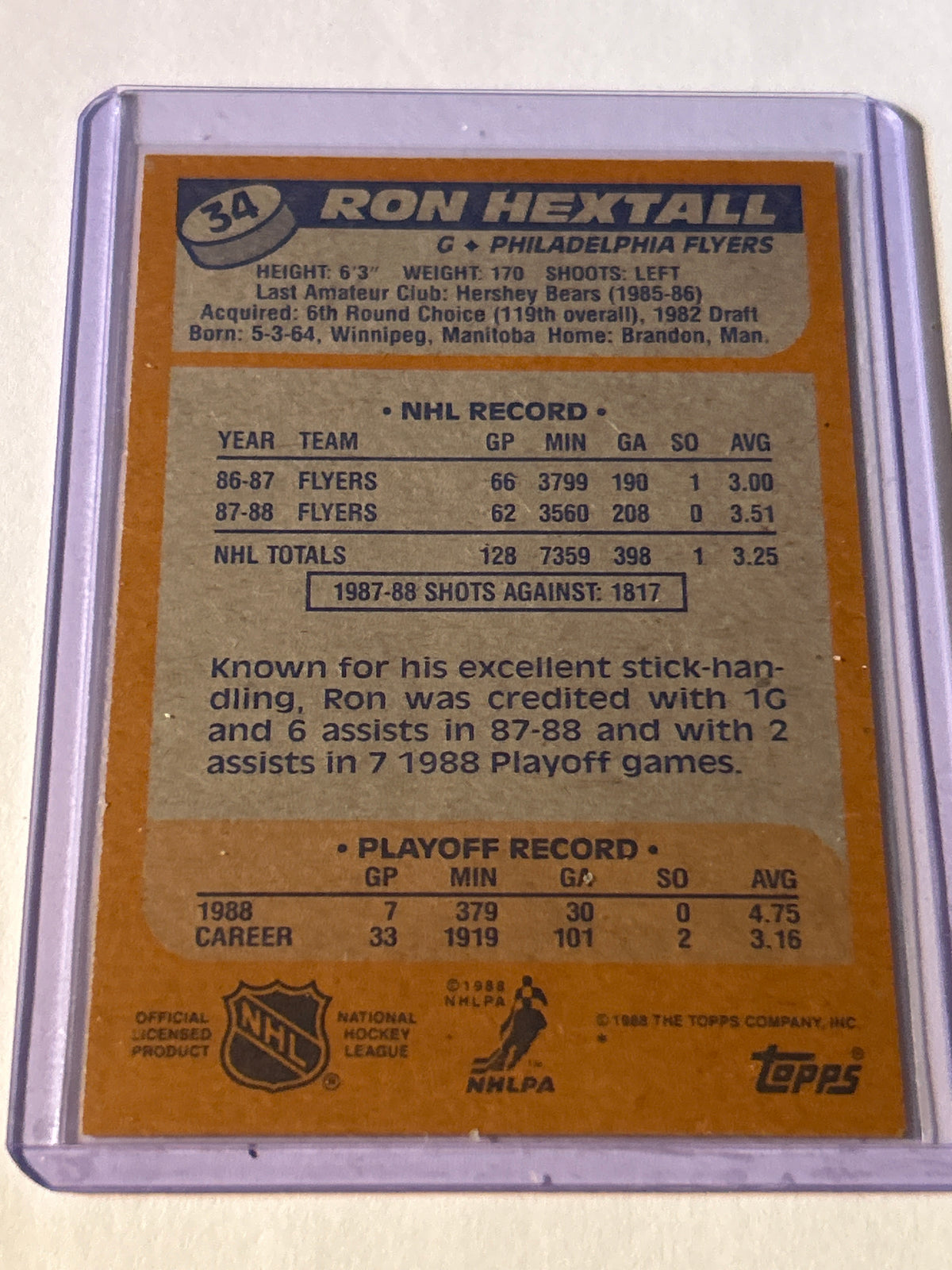 Topps 1988-89 Ron Hextall #34 Philadelphia Flyers Base Set Hockey Card