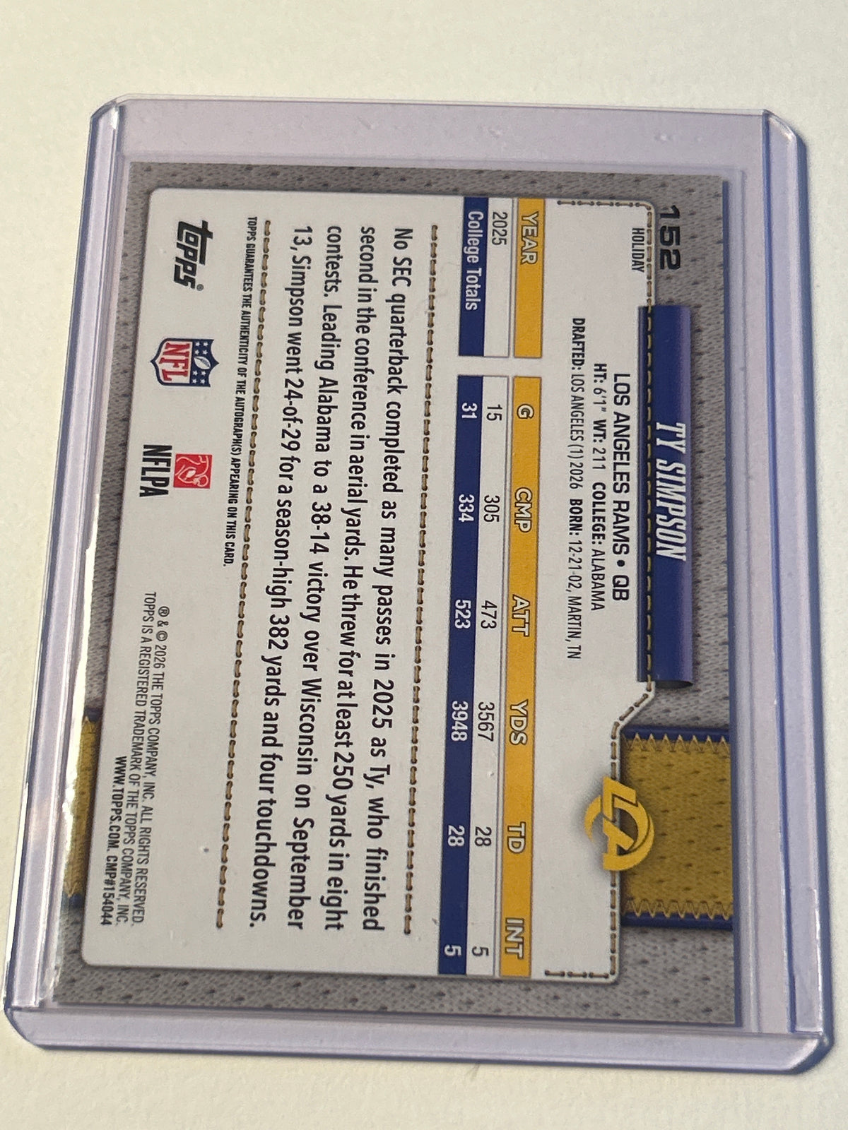 2026 Topps Holiday Ty Simpson Rookie Autograph RC Auto Los Angeles Rams QB