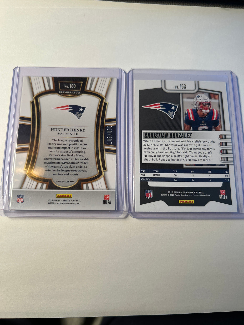 New England Patriots 2 Card Lot Hunter Henry Select Copper Prizm 193/899 Christian Gonzalez Absolute Rookie (RC)