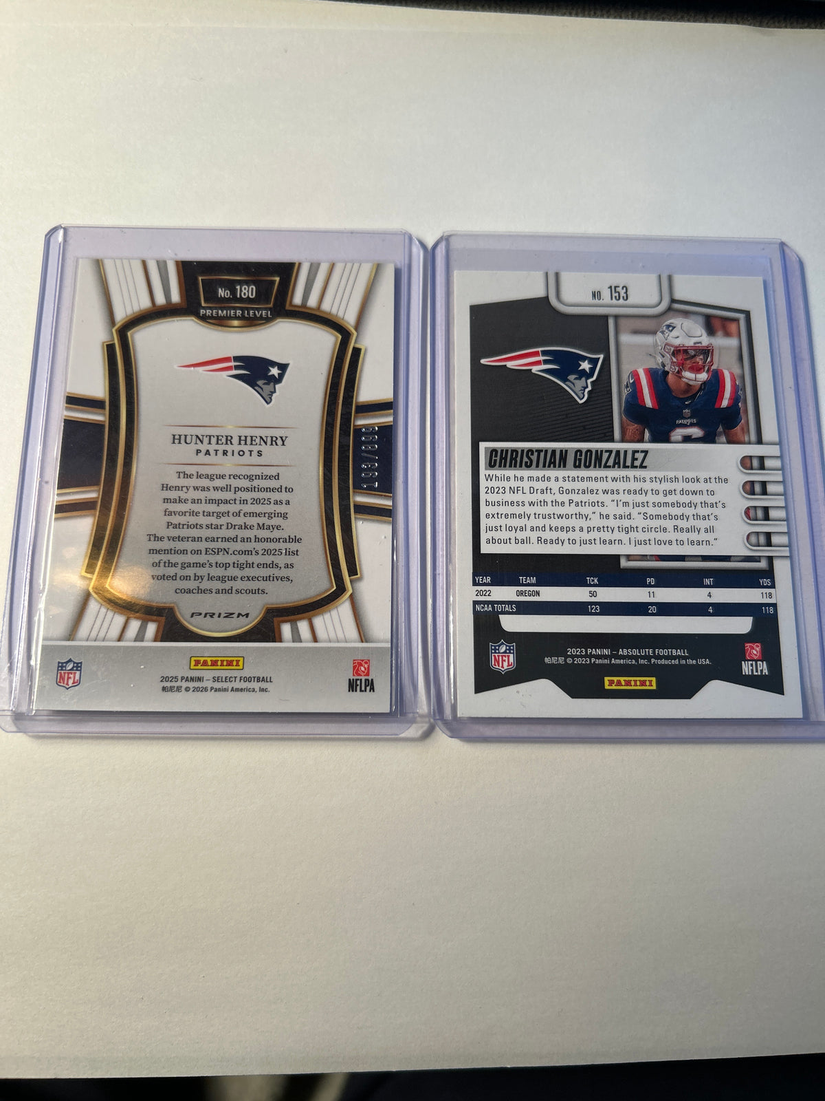 New England Patriots 2 Card Lot Hunter Henry Select Copper Prizm 193/899 Christian Gonzalez Absolute Rookie (RC)