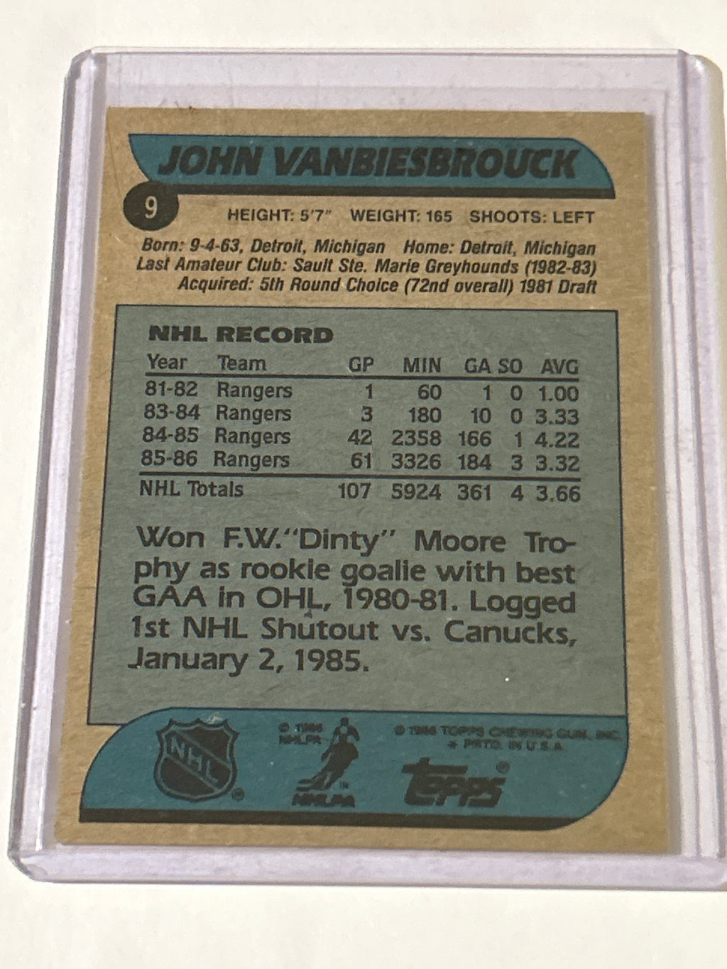 1986-87 Topps - John Vanbiesbrouck #9 (RC)