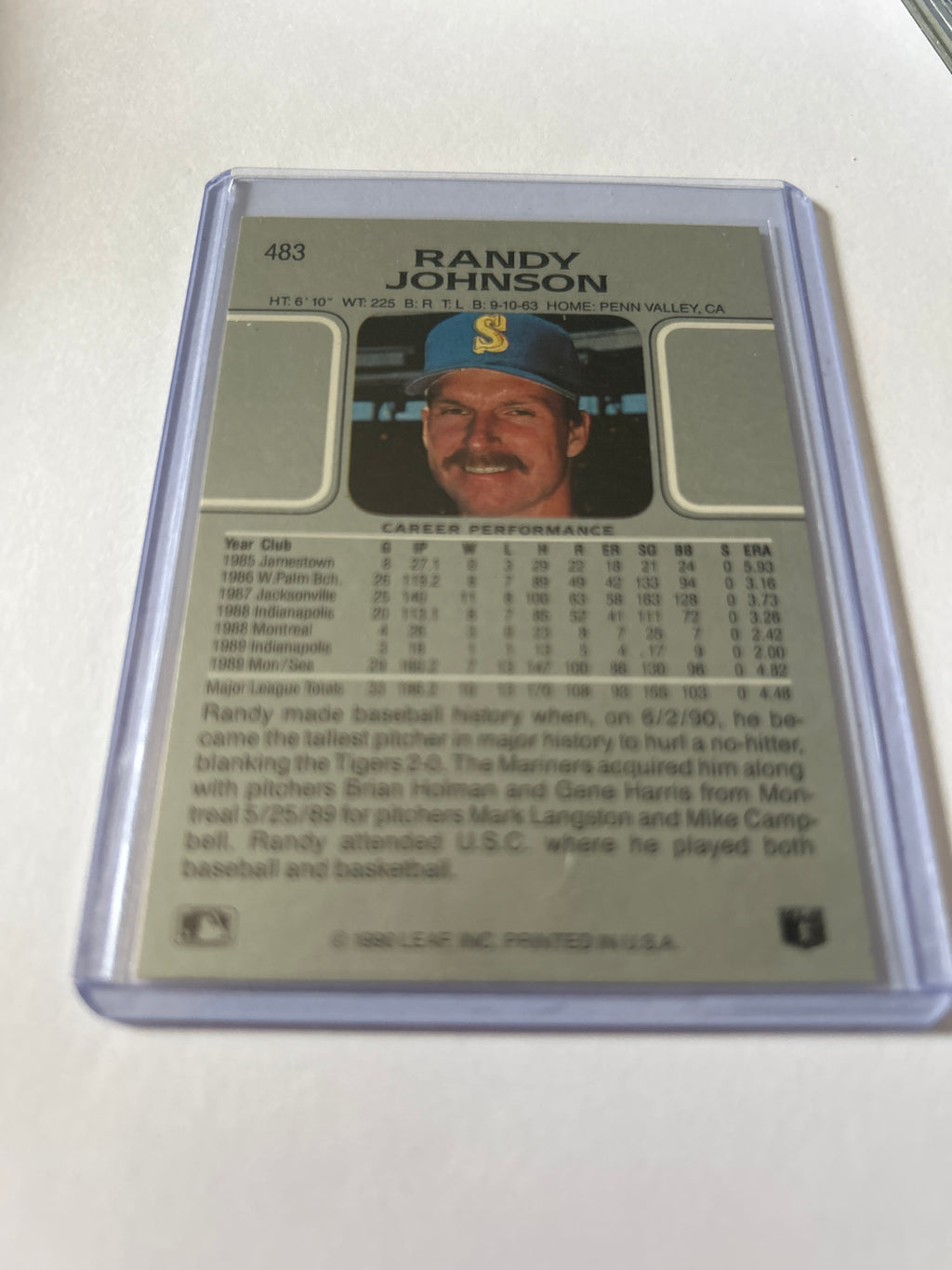 Leaf 1990 Randy Johnson #483 Seattle Mariners MLB Baseball Trading Card
