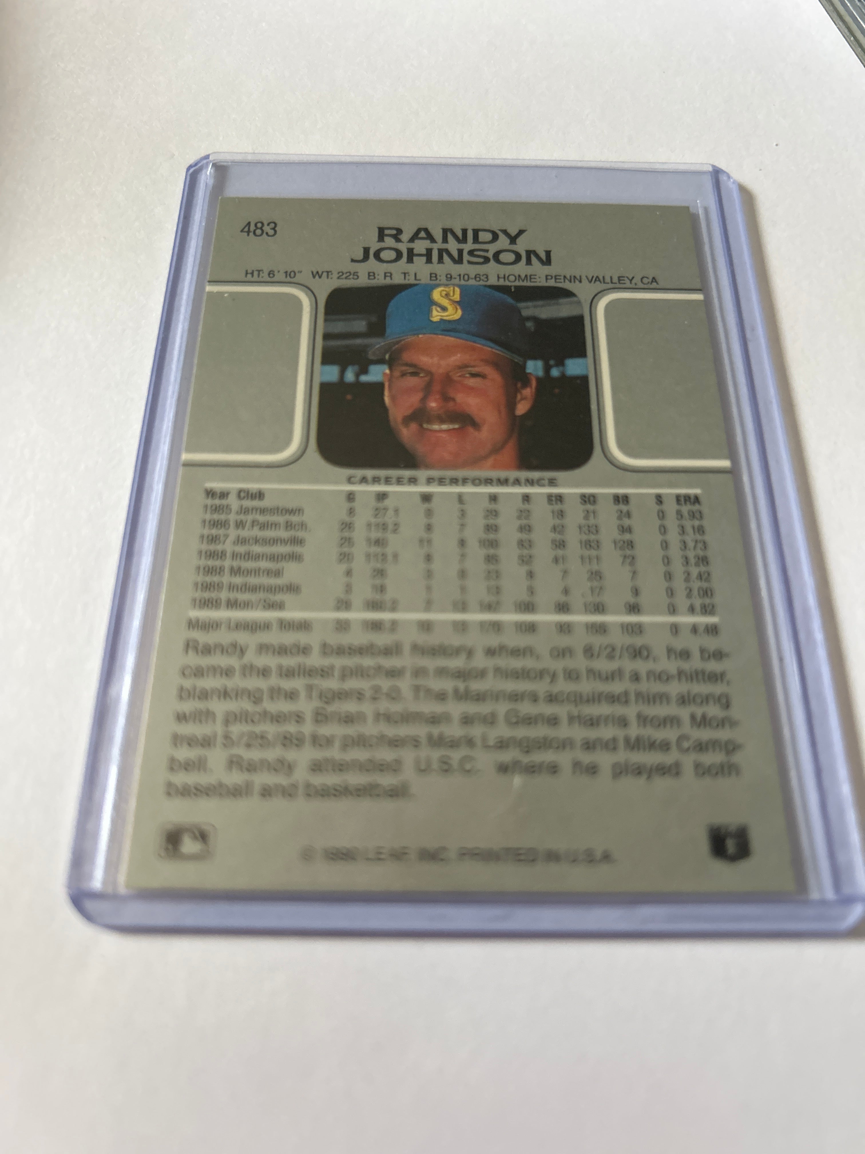 Leaf 1990 Randy Johnson #483 Seattle Mariners MLB Baseball Trading Card