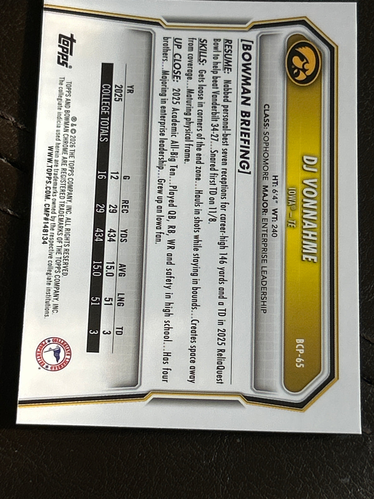 Bowman U Chrome DJ Vonnahme 1st Bowman Speckle Refractor Iowa Hawkeyes TE