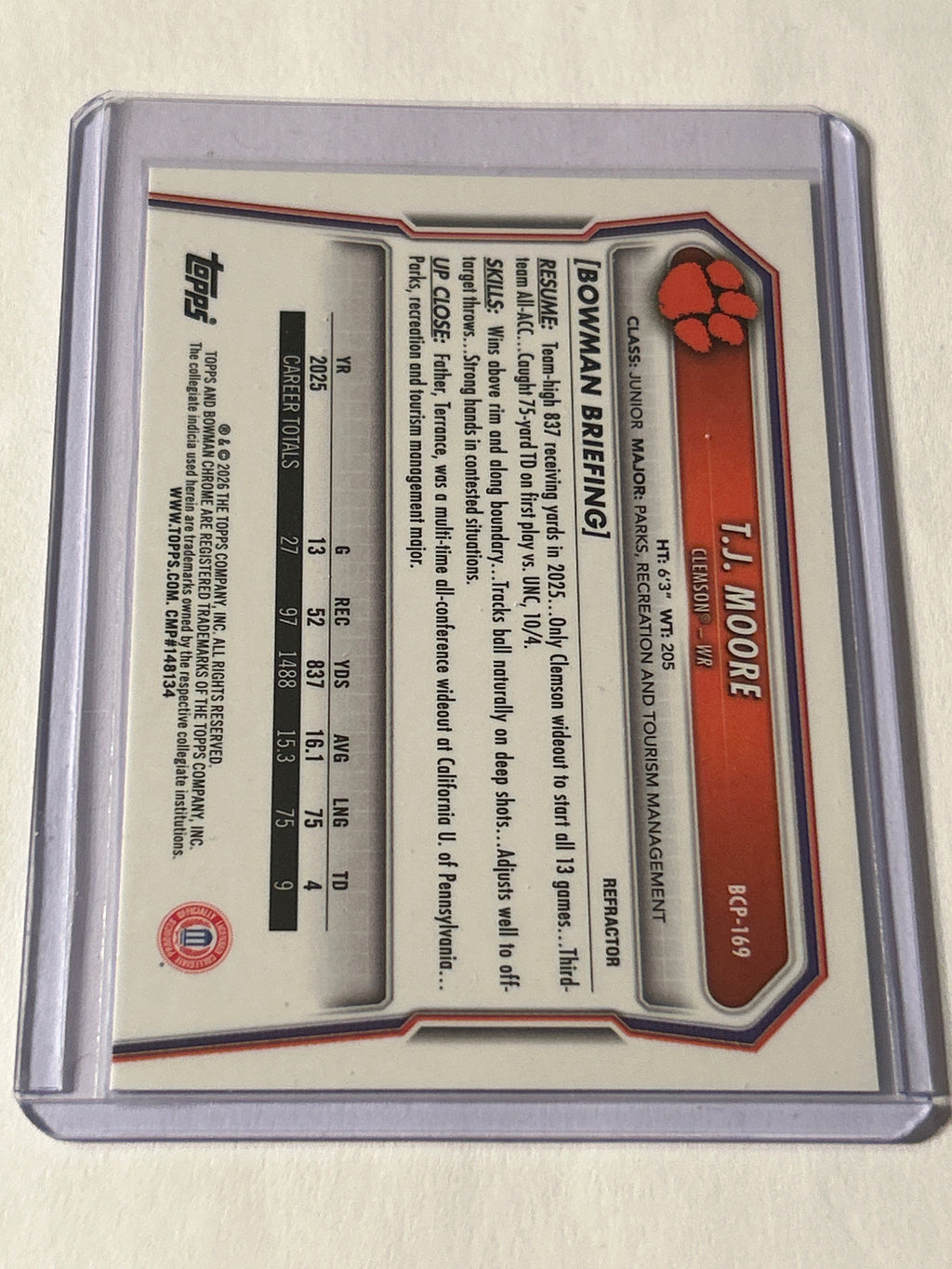 Bowman U Chrome T.J. Moore 1st Bowman Refractor 416/499 Clemson Tigers