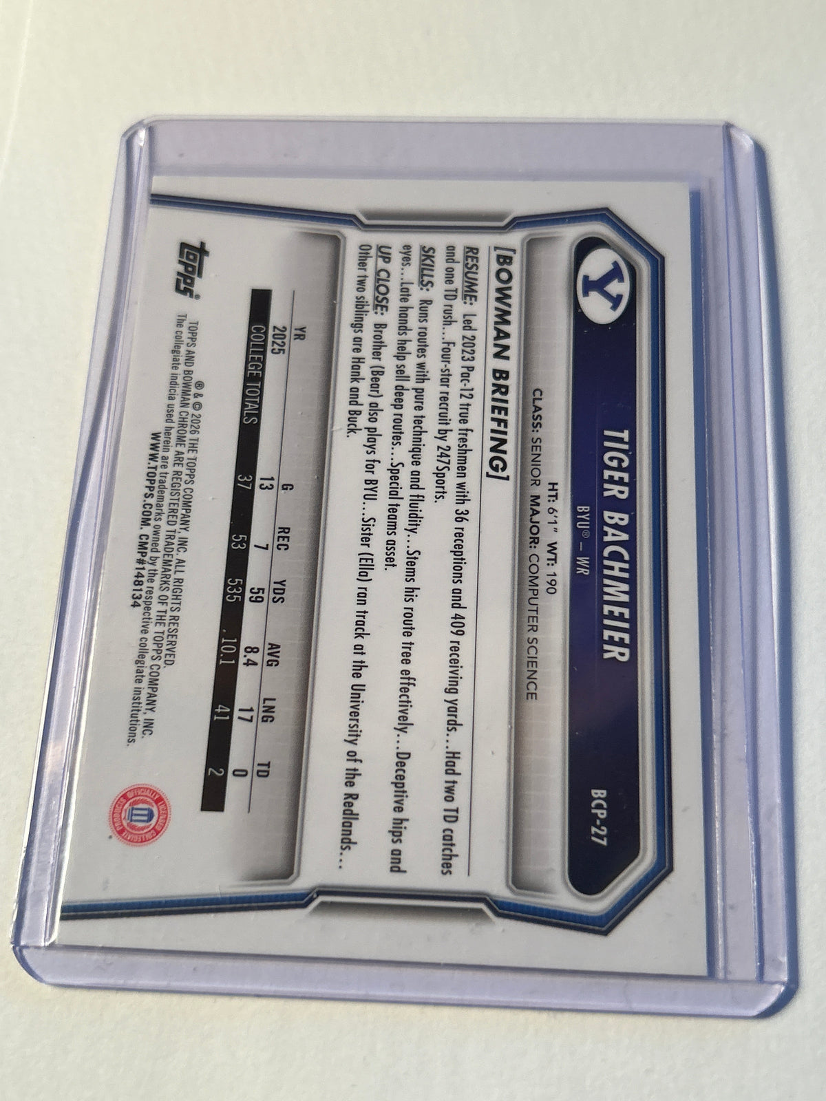 Bowman U Chrome Tiger Bachmeier 1st Bowman BYU Cougars Wide Receiver