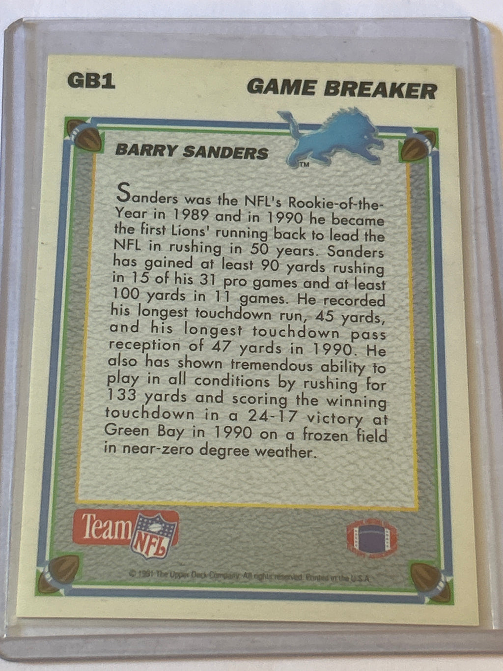 1991 Upper Deck Game Breakers Barry Sanders #GB1 Autographed (Signed After Release)