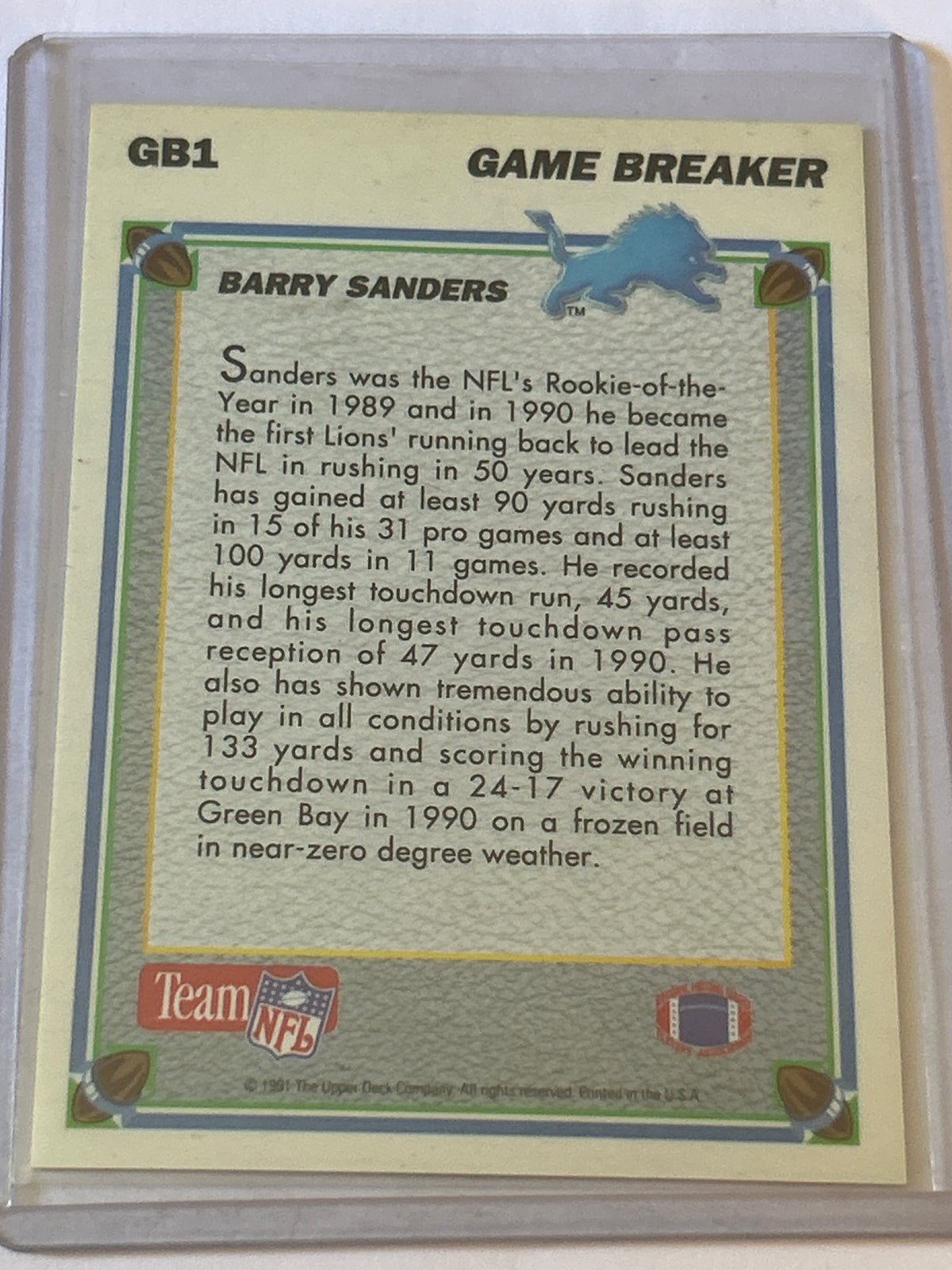 1991 Upper Deck Game Breakers Barry Sanders #GB1 Autographed (Signed After Release)