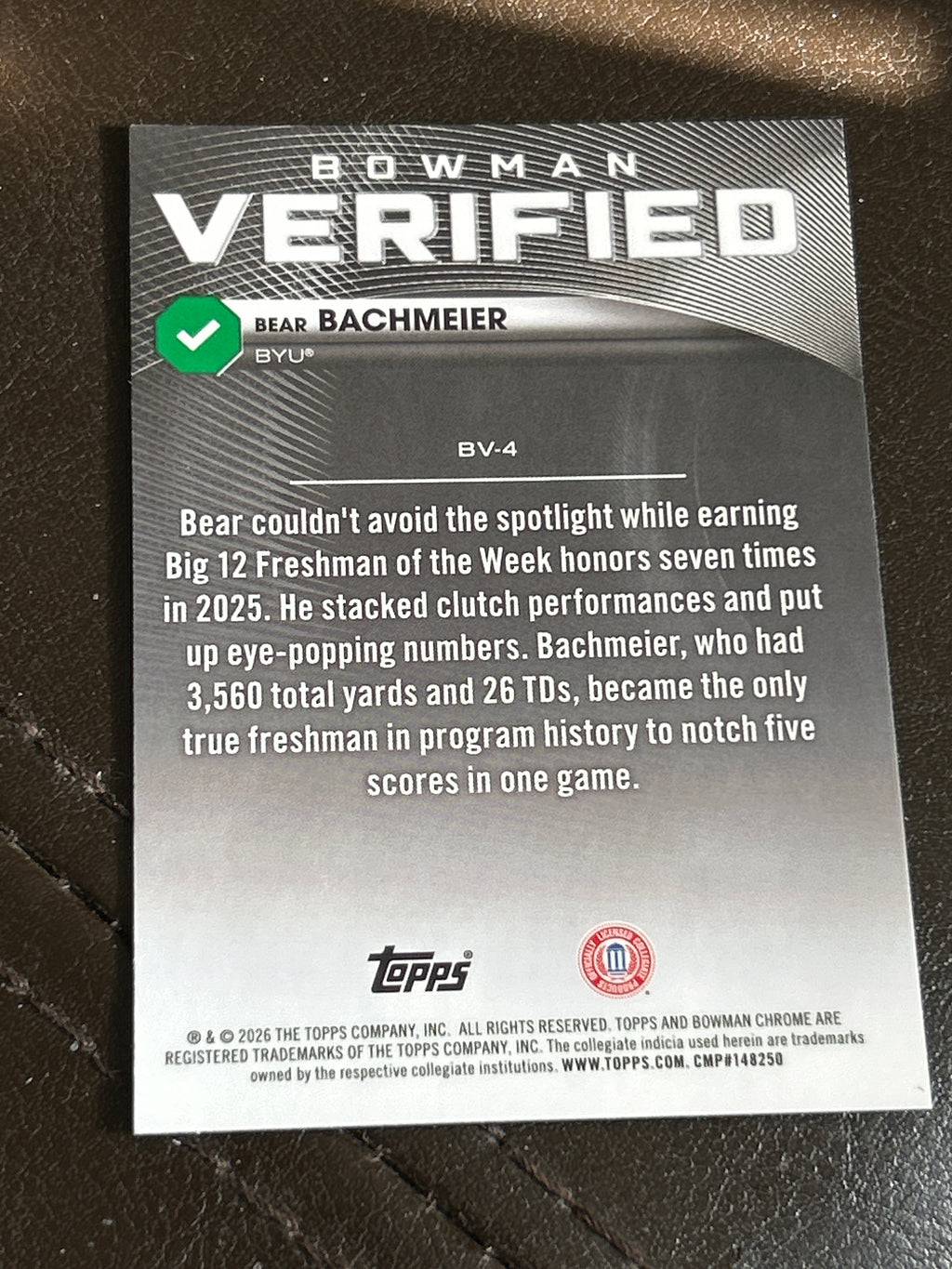 2025 Bowman U Chrome Bear Bachmeier Verified Insert BYU Cougars QB