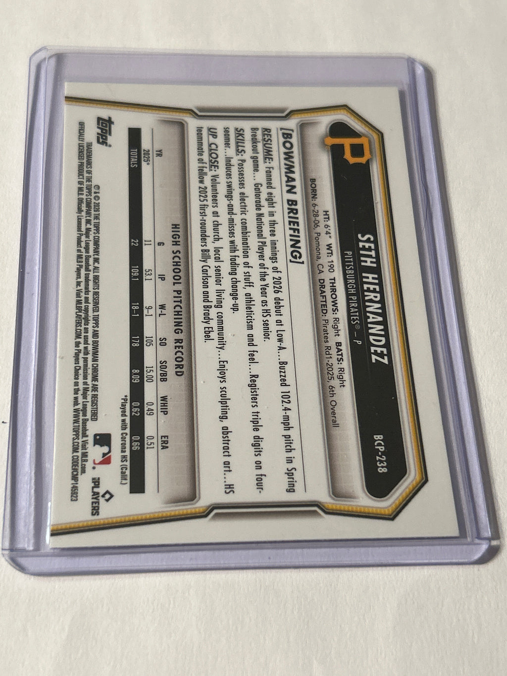 2025 Bowman Draft Chrome Seth Hernandez Laser Refractor BDC-25 Pittsburgh Pirates