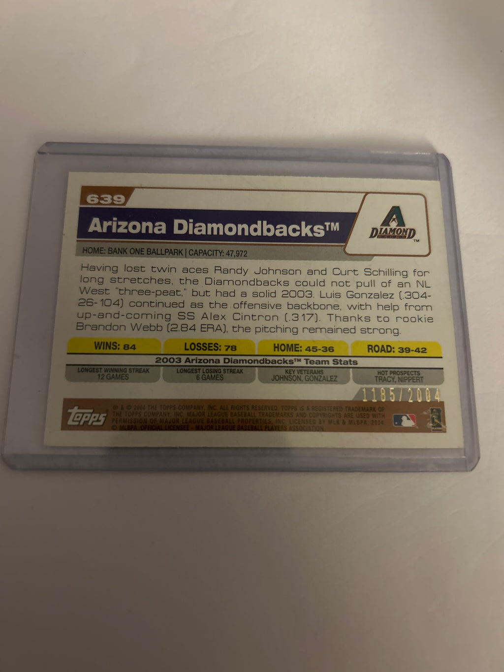 2004 Topps - Arizona Diamondbacks #639 Gold 1185 /2004