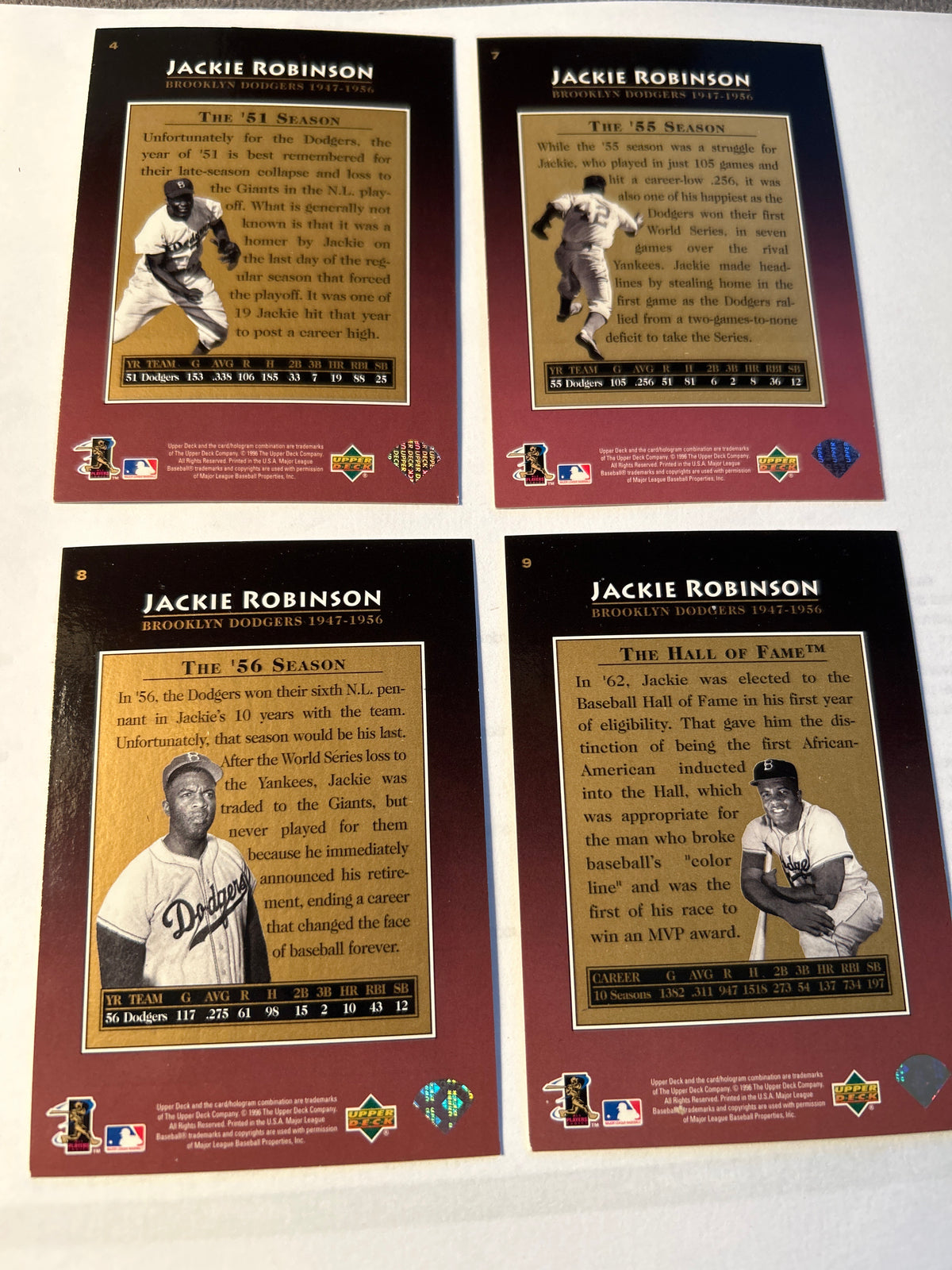 Jackie Robinson 4 Card Lot 1996 Upper Deck Jackie Robinson Tribute Inserts #4 #7 #8 #9 Hall of Fame Brooklyn Dodgers