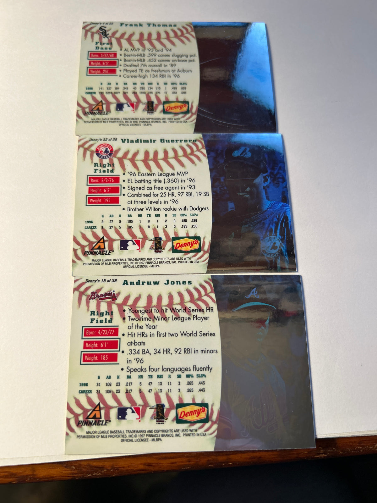 1997 Pinnacle Denny's 3D Lenticular 3 Card Lot Frank Thomas Vladimir Guerrero Andruw Jones HOF