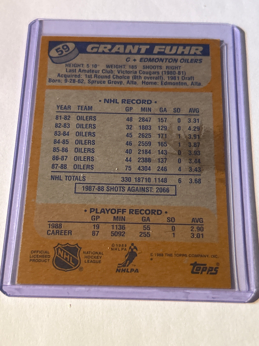 Topps 1988 Grant Fuhr #59 Edmonton Oilers Base Set Hockey Card