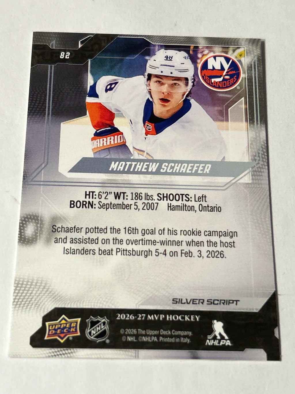 2025-26 Upper Deck MVP Matthew Schaefer Silver Script Rookie Card (RC) Islanders