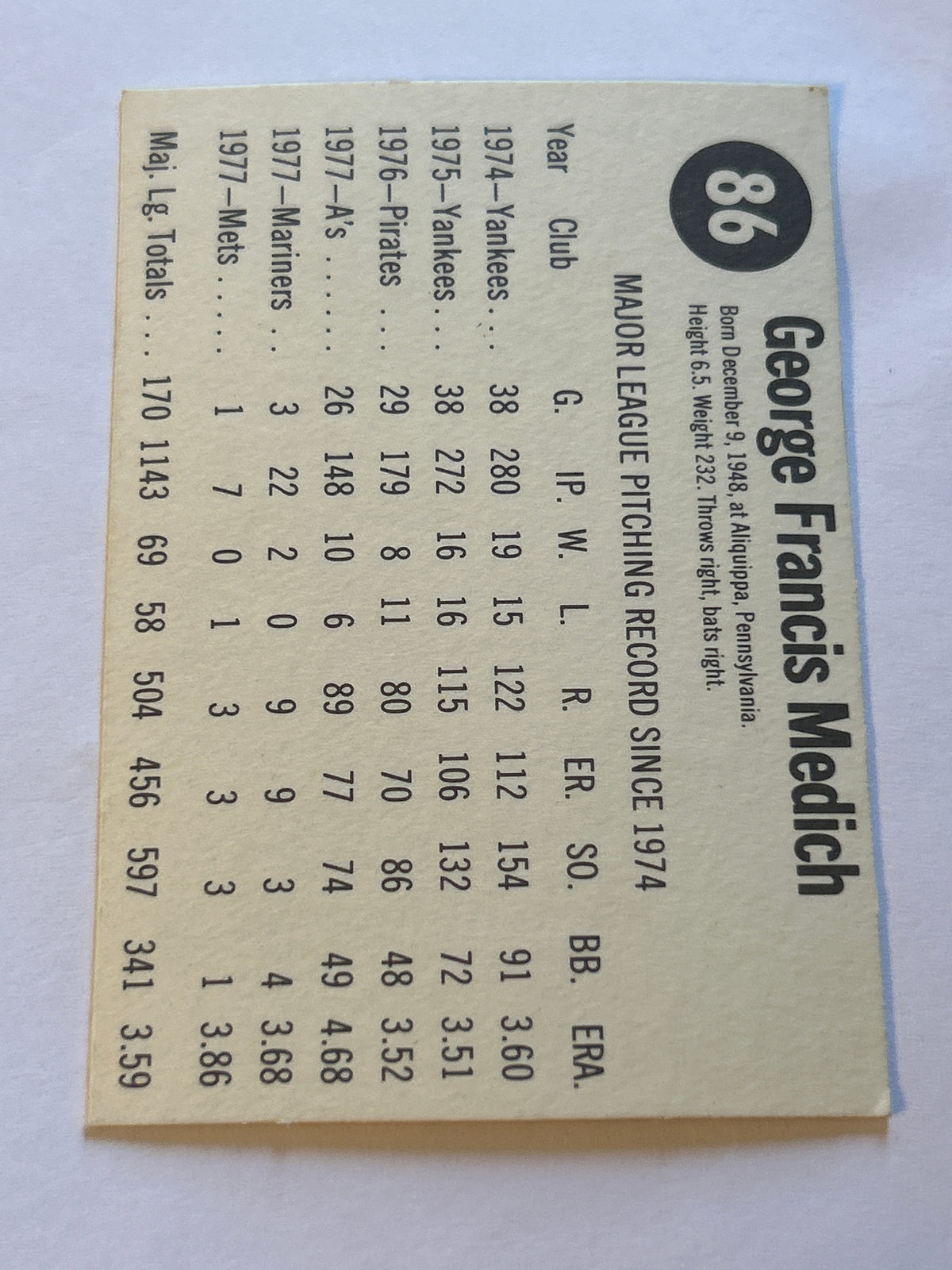 1978 Hostess Baseball Card #86 George Medich Texas Rangers