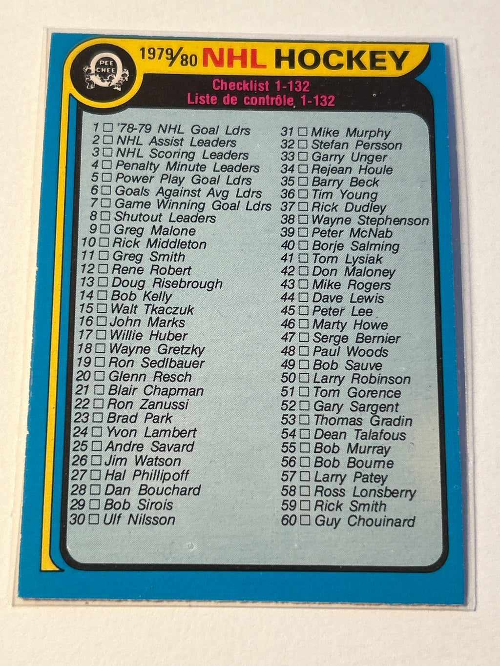 1979-80 O-Pee-Chee Hockey #131 Checklist 1 to 132 Unmarked Gretzky Rookie Year