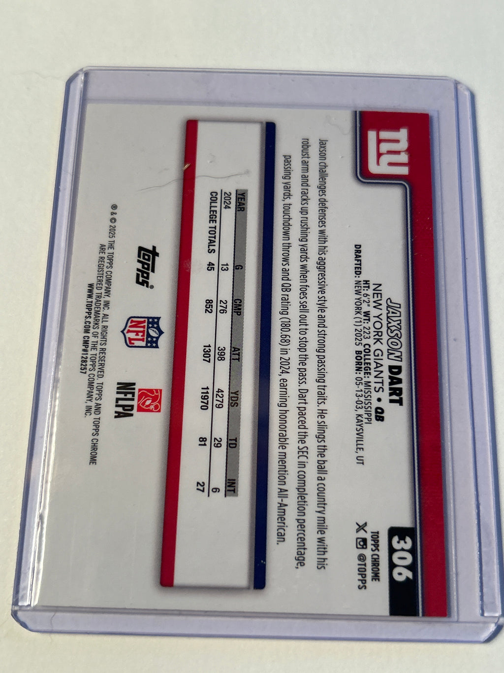 2025 Topps Chrome Jaxson Dart RC #306 Rookie Card New York Giants QB