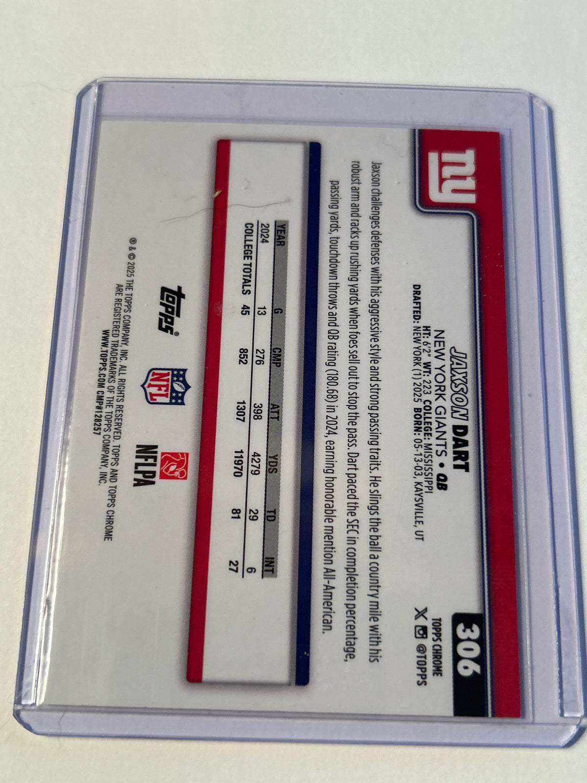 2025 Topps Chrome Jaxson Dart RC #306 Rookie Card New York Giants QB