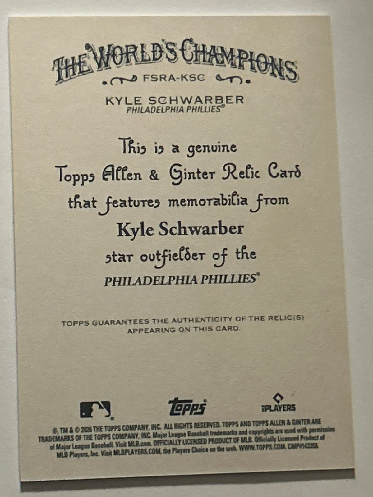 2026 Topps Allen & Ginter Kyle Schwarber #FSRA-KSC Full Size Game Used Memorabilia Relic Philadelphia Phillies