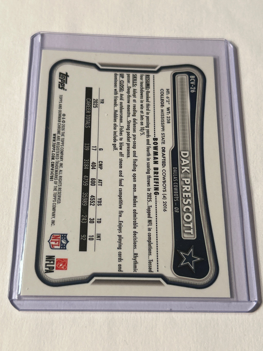 2026 Bowman Chrome Dak Prescott Speckle Refractor Dallas Cowboys