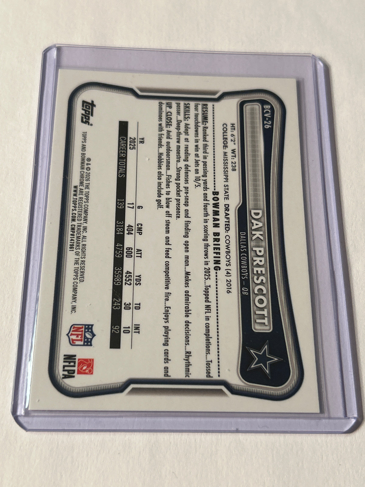 2026 Bowman Chrome Dak Prescott Speckle Refractor Dallas Cowboys