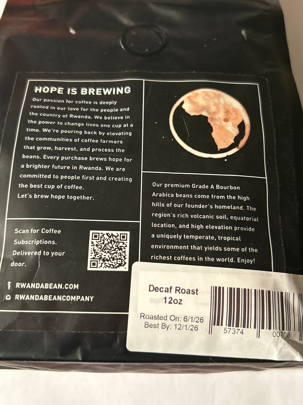 Rwanda Bean Coffee Amahoro Decaf – Cultivated in Rwanda – Ground Coffee 12 oz (Best By 12/1/26)