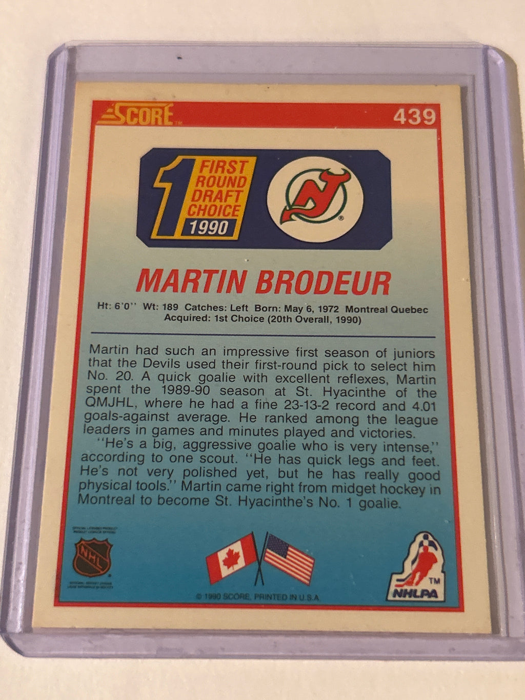 1990-91 Score - First Round Draft Choice Martin Brodeur #439 (RC)
