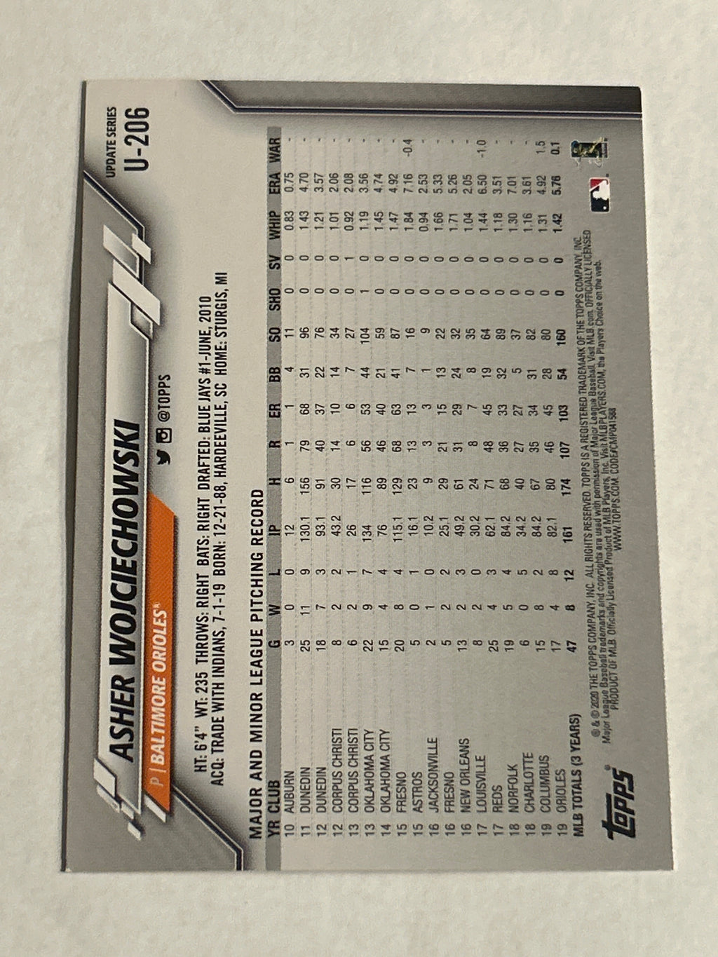 2020 Topps Update #U-206 Asher Wojciechowski Baltimore Orioles