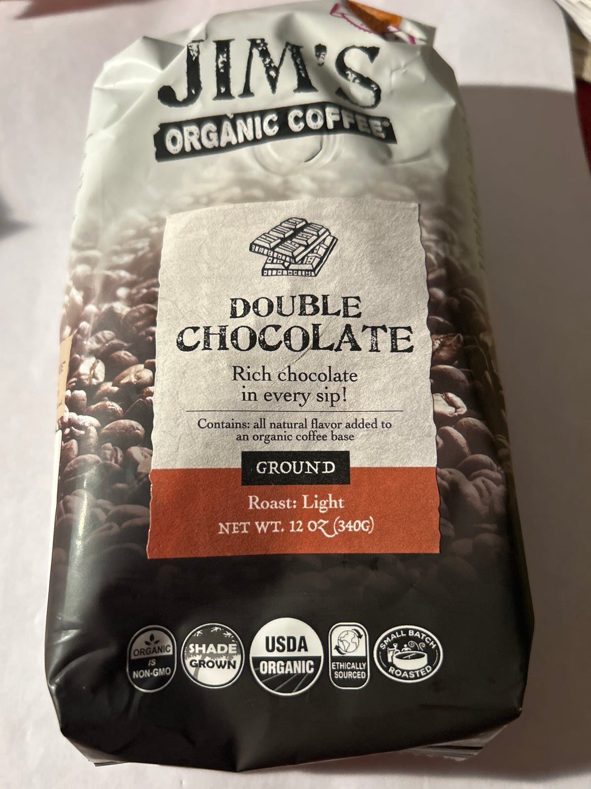 Jim’s Organic Coffee Double Chocolate – Ground – Light Roast – 12 oz (Best By 3/27)