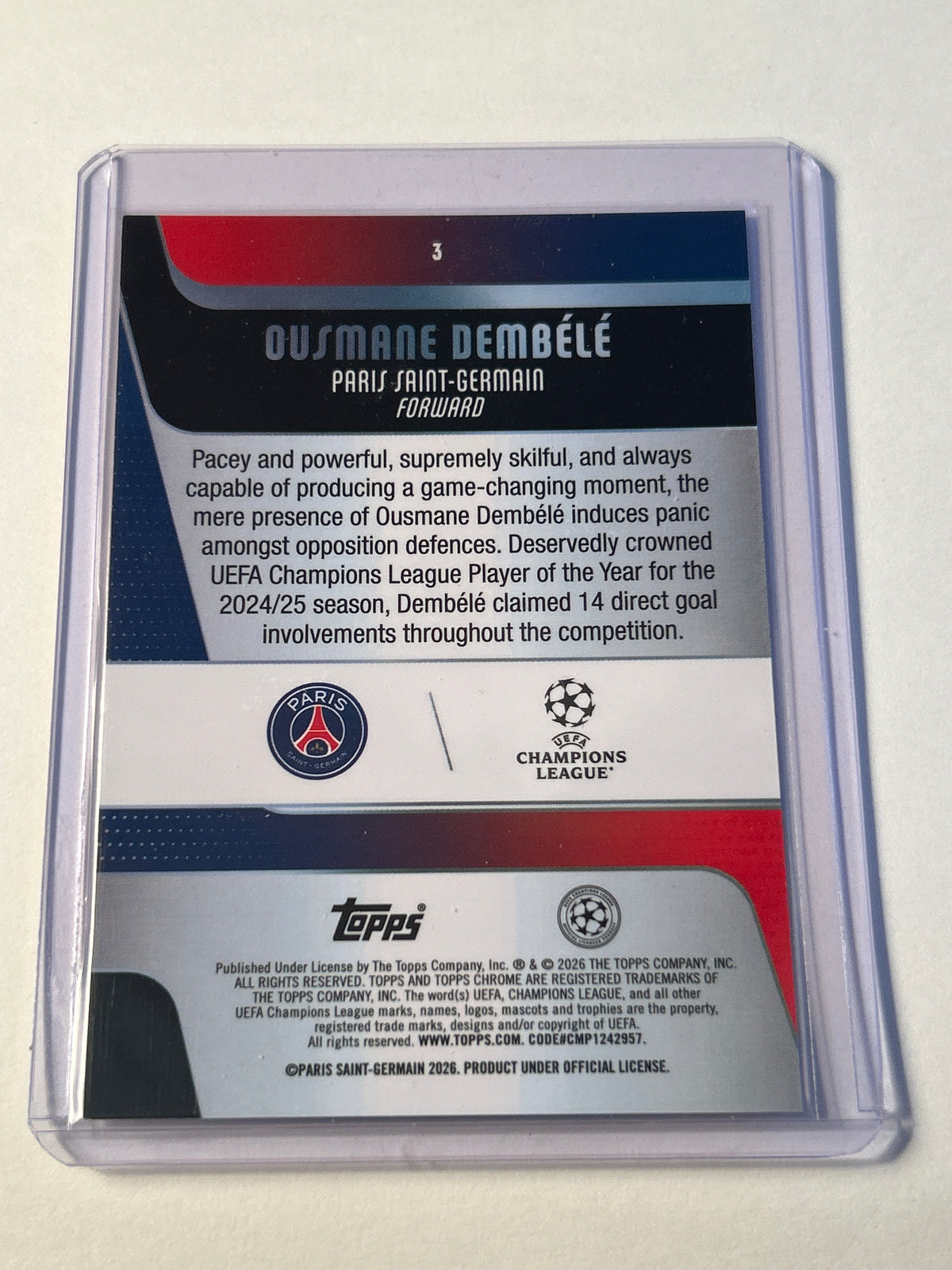 Topps Chrome UEFA Champions League Ousmane Dembele Paris Saint-Germain PSG Ballon d'Or Winner