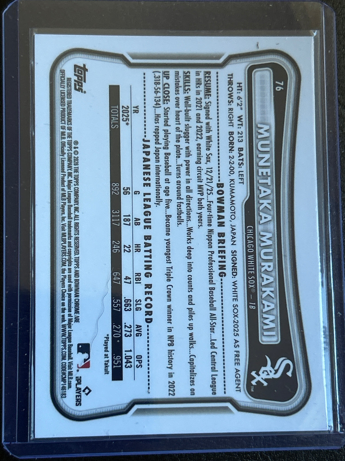 2026 Bowman Chrome Munetaka Murakami RC Mojo Refractor Rookie Card Chicago White Sox