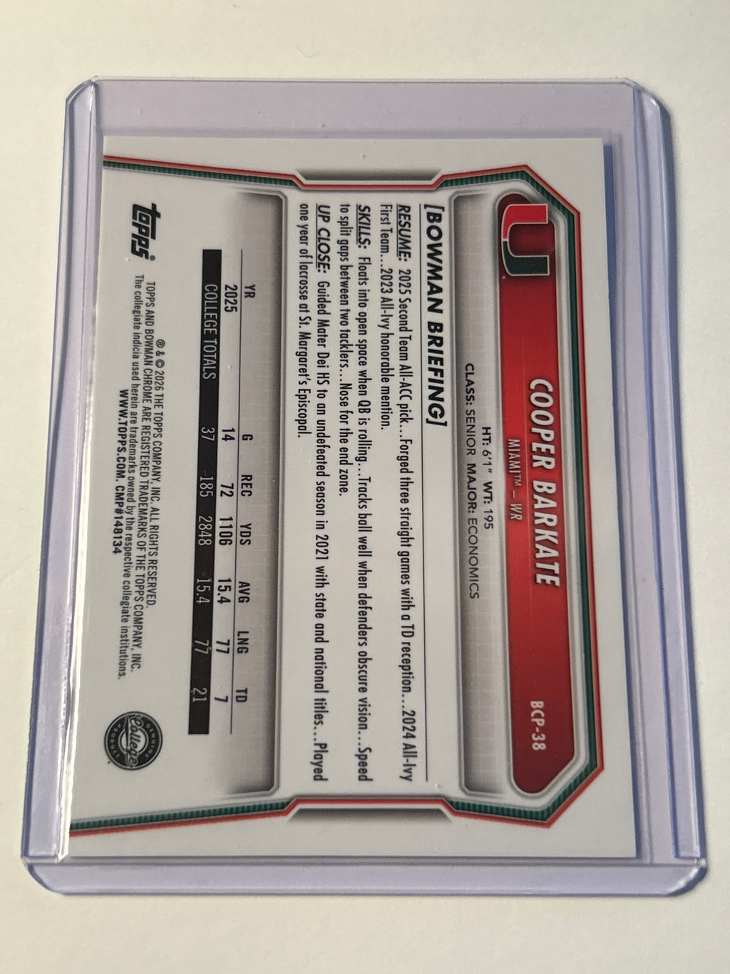 2026 Bowman Chrome U Cooper Barkate 1st Bowman Chrome Miami Hurricanes WR