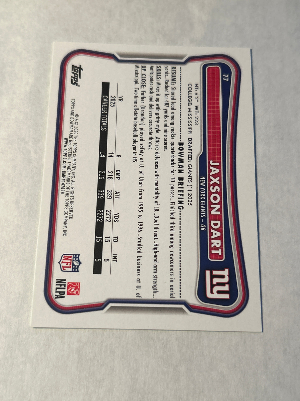 2026 Bowman Football: Jaxson Dart #77 Aqua 004/199