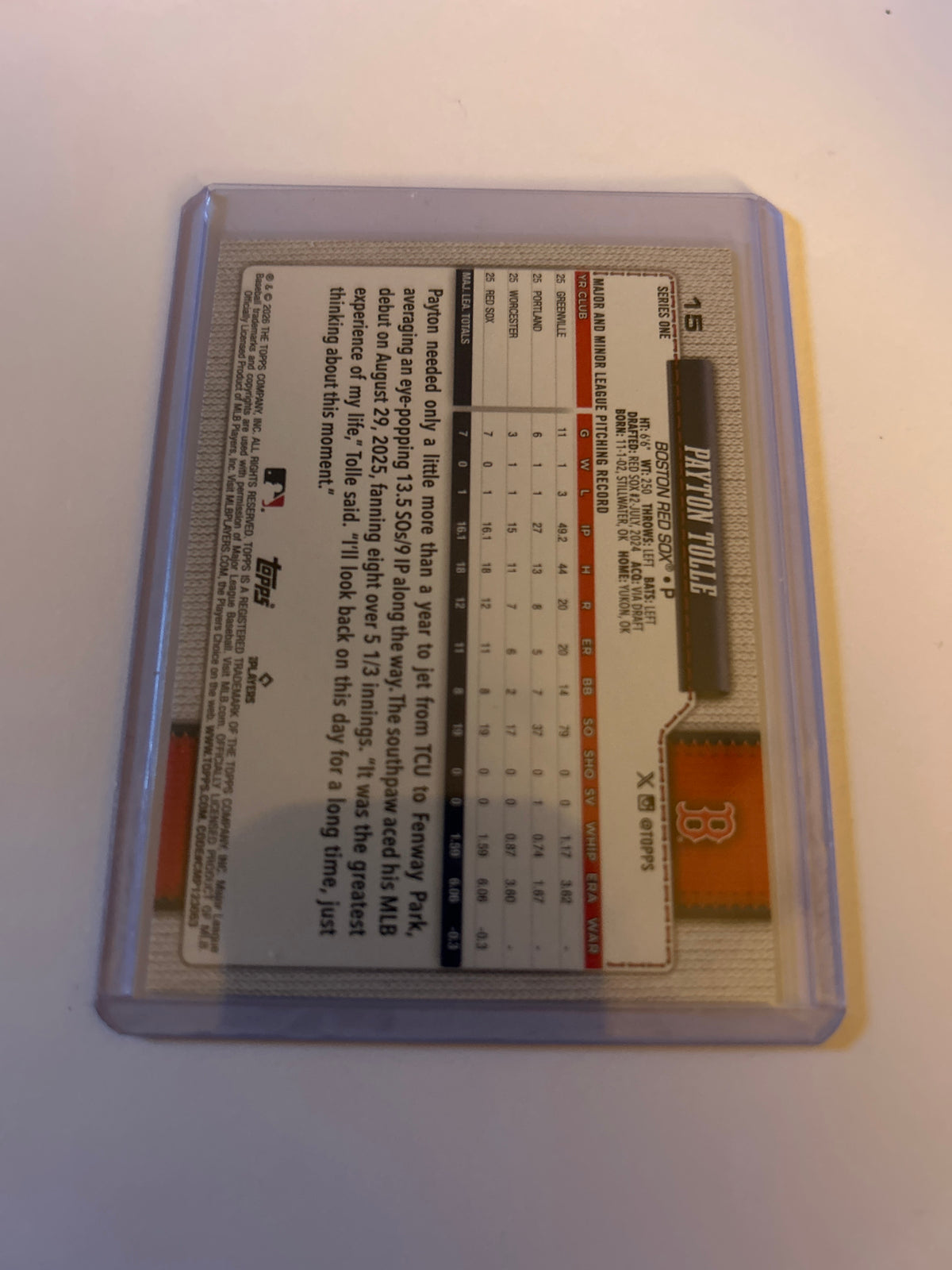 2026 Topps Series 1 - Payton Tolle #15 (RC)